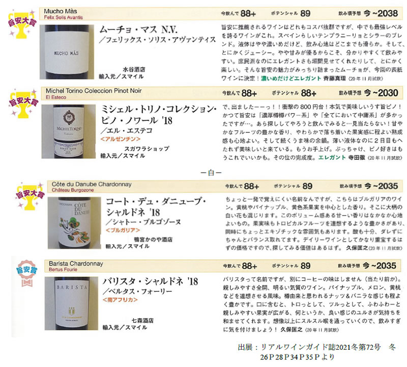 2020 リアルワインガイド 旨安大賞 受賞 スミレやラズベリーの香り、柔らかくビロードのような味わいのピノ・ノワール
