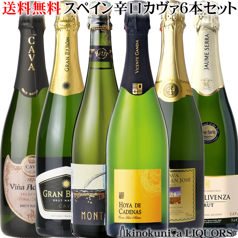 辛口カヴァ6本セット ＞≫≫第5弾≪≪＜【送料無料】スペインのスパークリングワインCAVA 辛口を選りすぐり／シャンパーニュ製法瓶内二次発酵のCAVAカバ シャンパン製法