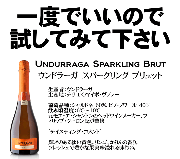 ウンドラーガ / スパークリング ブリュット [NV] 白 スパークリングワイン 辛口 750ml チリ D.O.マイポ ヴァレー Sparkling Brut 柑橘系アロマが溢れ出す辛口泡　まとめ買いされるお客様多数の人気アイテム