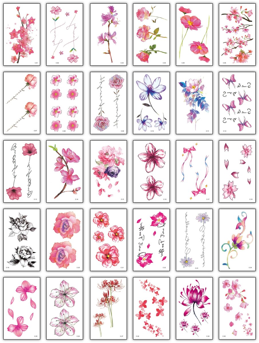 【1枚おまけキャンペーン実施中♪】Tochno タトゥーシール 30枚セット刺青シール 【A】花 薔薇 リボン おしゃれ かわいい ステッカーハロウィン