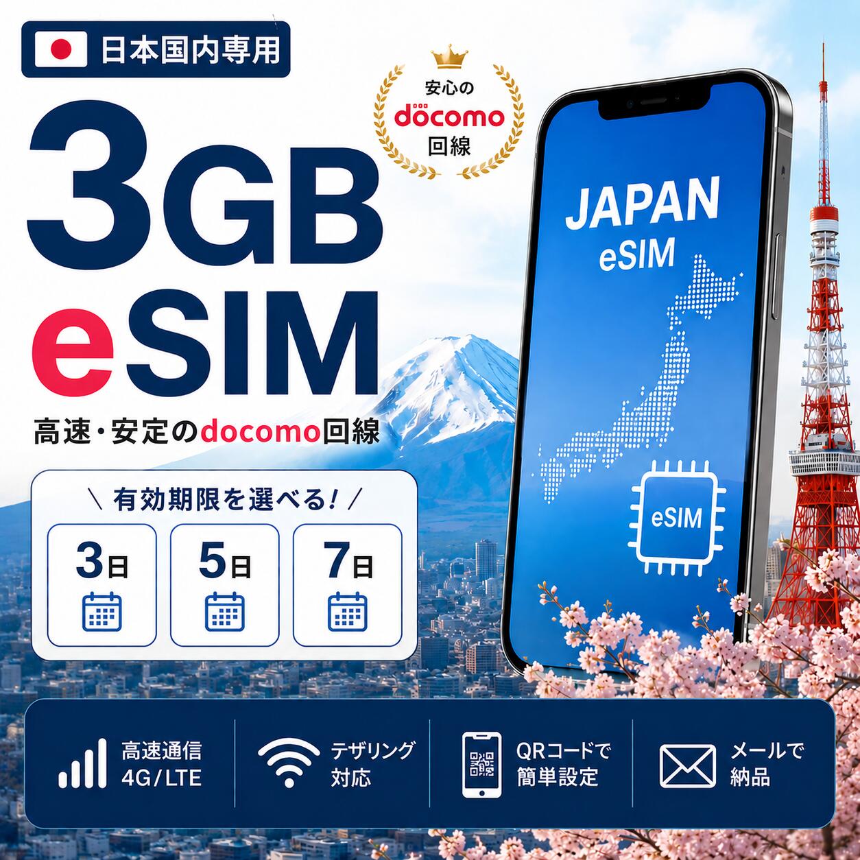 プリペイドeSIM　3GB/3日～7日　メール納品、すぐ使える　SIMフリー端末　データ通信　docomo通信エリア