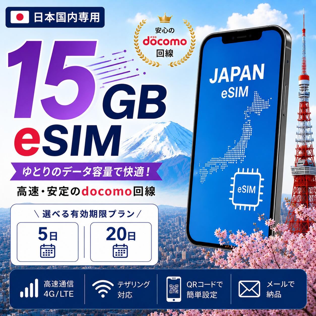 プリペイドeSIM　15GB/20日　メール納品、すぐ使える　SIMフリー端末　データ通信　docomo通信エリア