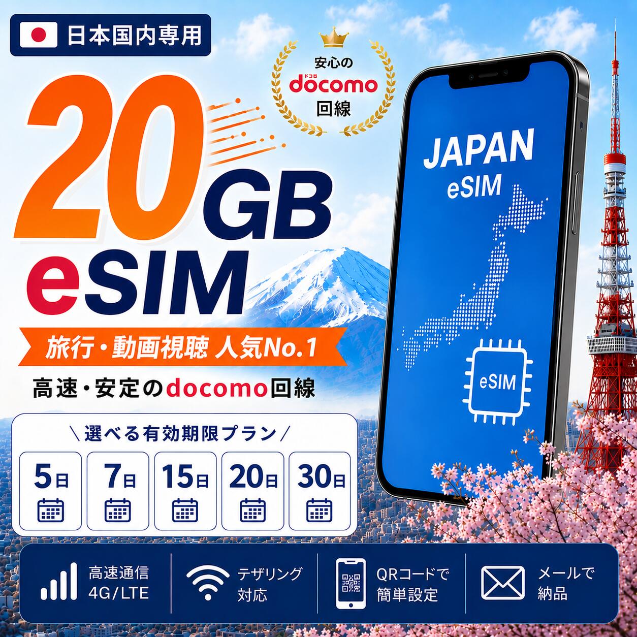 プリペイドeSIM　20GB/30日　メール納品、すぐ使える　SIMフリー端末　データ通信　doco ...