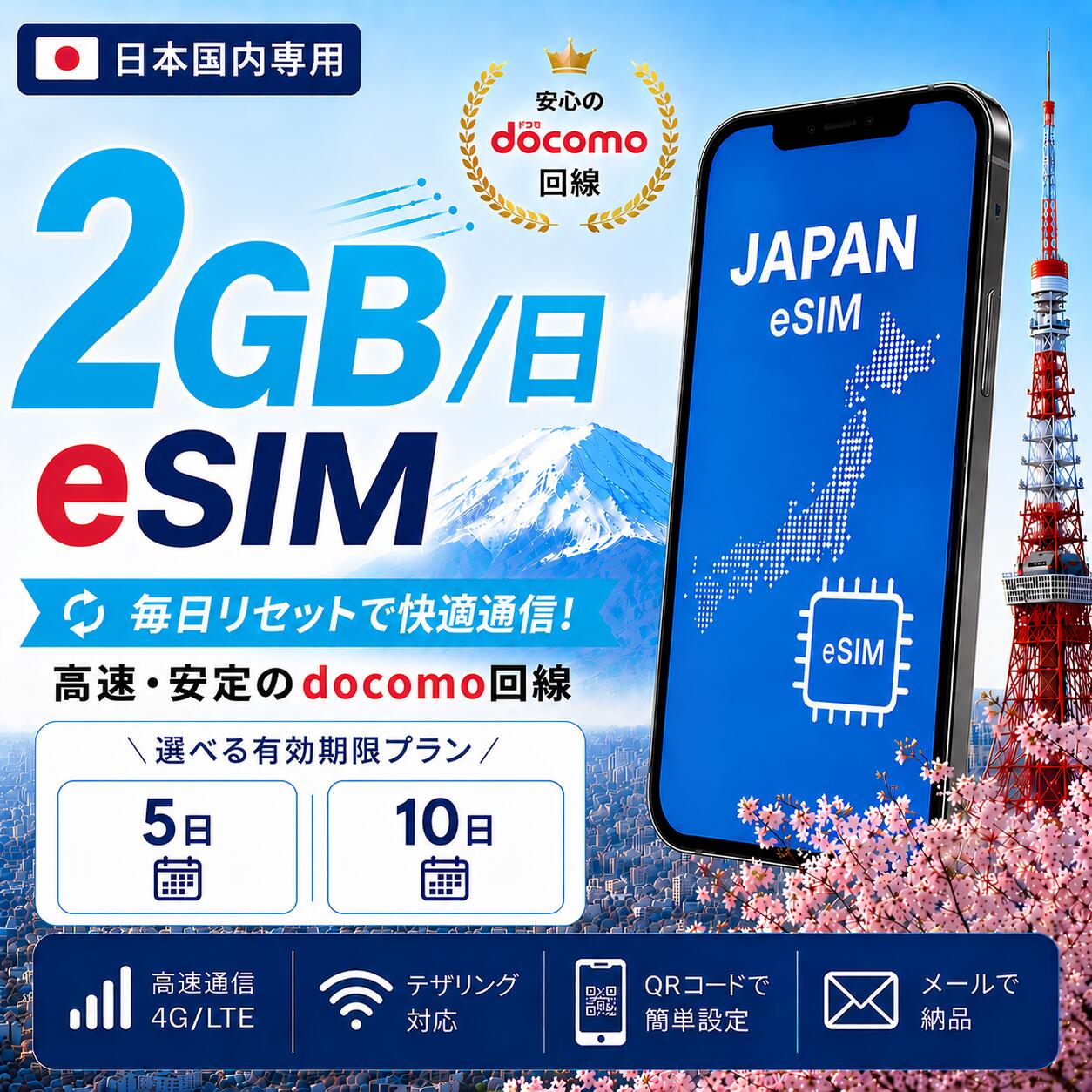 プリペイドeSIM　2GB/日　5-10日　メール納品、すぐ使える　SIMフリー端末　データ通信　docomo通信エリア