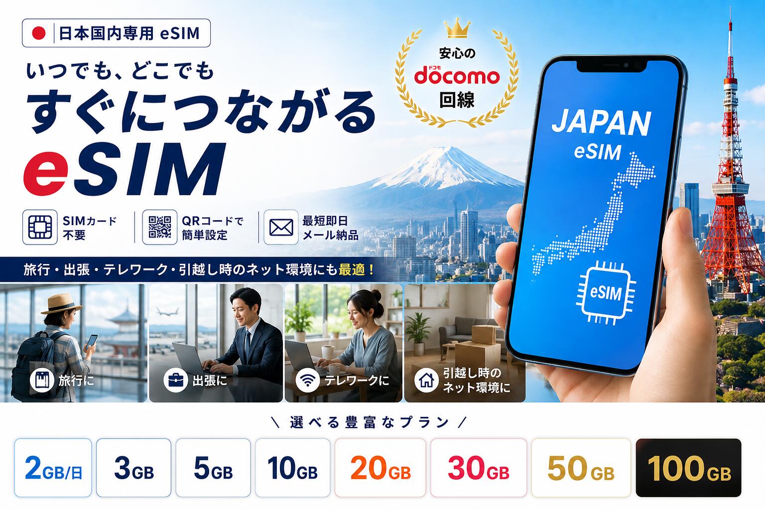 プリペイドeSIM 50GB 日本国内専用 メール納品 即日開通 QRコード SIMフリー iPhon...