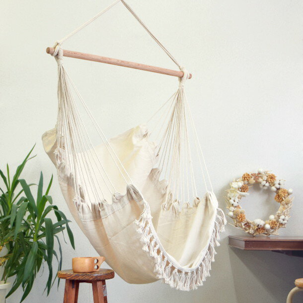 フリンジチェアハンモック グランピングに!包まれハンギングチェア 白木×生成コットン/ラージ アウトドア インテリア 室内 屋外 ハンモックチェア 高密度コットンロープで究極のいやしを...通販格安セール情報 楽天 通販
