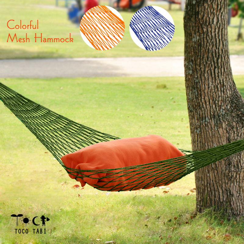 キャンプなどのアウトドアに!軽量で持ち運び楽々、ネットハンモック お昼寝や読書を楽しむ時にも重宝しそうです!初めてのハンモックにもおすすめ オレンジ ブルー グリーン その1