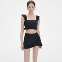 スイムウェア 水着 レディース セパレート ビキニ ラップスカート ショートパンツ 肩フリル ハイウエスト バイカラー セット水着 ブラック ホワイト カジュア...