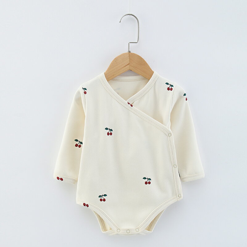 インナー ロンパース ルームウェア ラップウェア 肌着 男の子 女の子 ユニセックス ベビー 新生児 春 秋 冬 長袖 ラップ フロントホック コットン 北欧風 さくらんぼ/オリーブ/レモン/月 ホワイト/ブラック 66cm/73cm/80cm/90cm/100cm 3