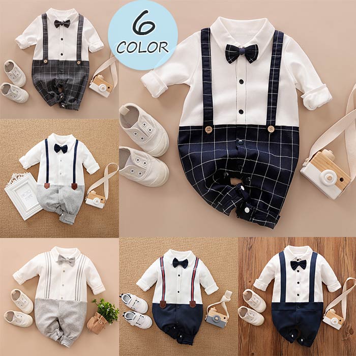 フォーマルセットアップ風ロンパース セレモニードレス フォーマルスーツ スーツ ロンパース 重ね着風ロンパース 蝶ネクタイ 男の子 ベビー 新生児 チェック 無...