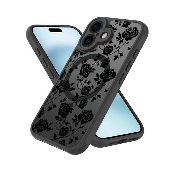 MagSafe対応 iPhone17ケース バラ 薔薇 ローズ 半透明 スマホケース アイホン17ケース アイフォン17ケース iPhone17 16 15 14 13 カバー iPhone16ProMaxケース 花柄 サラサラ マット スモーククリア ブラック 黒 衝撃吸収 耐衝撃