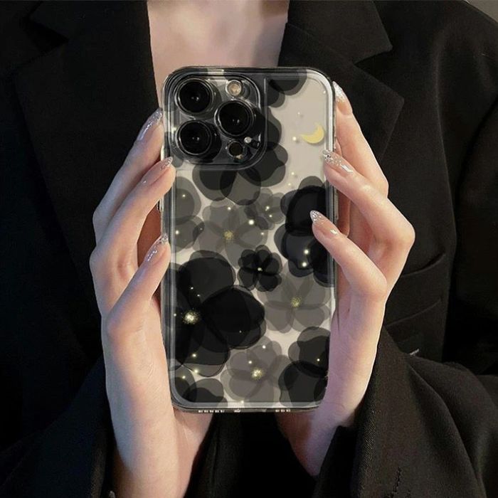iPhone17 ケース 花柄 透明 クリアケース スマホケース iPhone17Pro Max Air iPhone16 ProMax Plus iPhone15 14 13 12 11 ProMax ケース カバー 月 星 フラワー 黒 ブラック 透明 耐衝撃 衝撃吸収 薄型 軽量 おしゃれ 可愛い 大人 レディース 携帯ケース 携帯カバー
