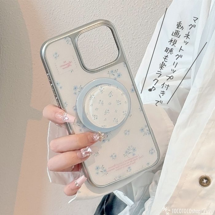 マグネットグリップ付き iPhone17ケース 花柄 小花柄 MagSafe対応 おしゃれ かわいい 韓国雑貨 スマホケース iPhoneケース アイフォン16ケース アイフォン15ケース アイフォン14 ポップソケット 16プロマックス 17プロマックス 大人可愛い 取り外せるグリップ付き ホワイト