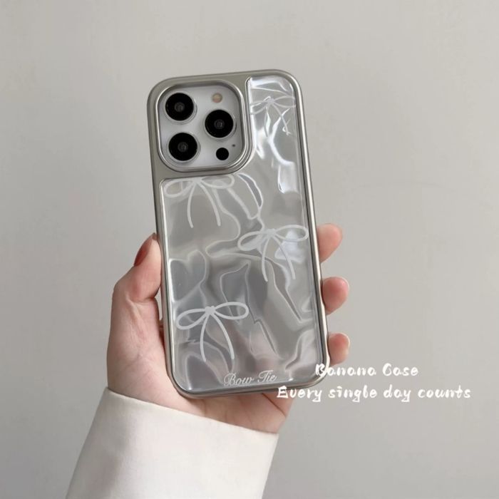 iPhone 17 Case Ribbon Wave iPhone 17 Pro Case iPhone 16 iPhone 15 iPhone 14 iPhone 13 Case iPhone 17 16 15 14 13 Cover Mirror Silver iPhone 17 Pro Max Case Smartphone Case Korean Stylish Cute Puffy 3D 17pro 17promax 16promax Adult Women