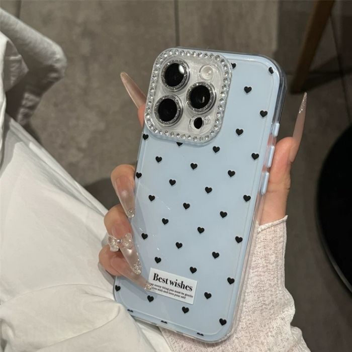 iPhone17ケース キラキラ ハート ラインストーン ビジュー デコ カメラ保護 ミニハート総柄 クリアケース パステルカラー 白 青 ピンク クリーム アイホン17ケース アイフォン17ケース iPhone17 17Pro 17ProMAX 17Air 16 16Pro 15 14 13 12 iPhone16ケース iPhone15ケース