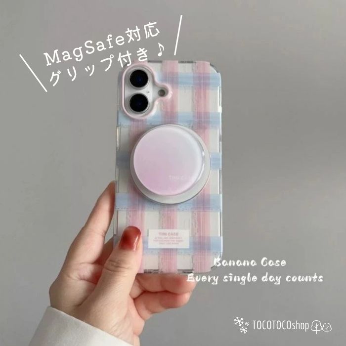 MagSafe対応ぷっくりグリップ付き スマホケース iPhone17ProMaxケース チェック柄 韓国 おしゃれ かわいい ピンク iPhone16 15 14 13 pro max カバー マグセーフ スマホグリップ 淡色女子 ブルー スタンド iPhone16Proケース iPhone16ProMaxケース