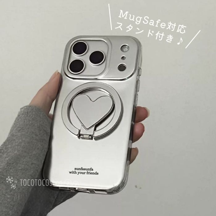 MagSafe対応 iPhone17ケース スマホケース　ハートミラー 韓国風 スタンド機能付き シルバー メタリック Y2K iPhone17Pro iPhone17ProMAX iPhone16 iPhone15 iPhone14 iPhone13 iPhone16ProMax iPhone15ProMax iPhone14ProMax iPhone13ケース