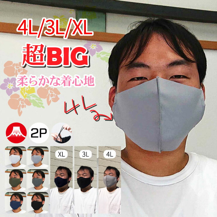 60297-b 大きいマスク部門で売れています【日本製】 超BIG！3L 4Lサイズ 柔らかい生地で作った 肌触りのよいやさしい 立体布マスク 2枚組 非医療用 大きめ マスク 飛沫防止 敏感肌 耳ゴムアジャスター付き やわらかい 19cm 21cm ミセス シニアファッション研究所