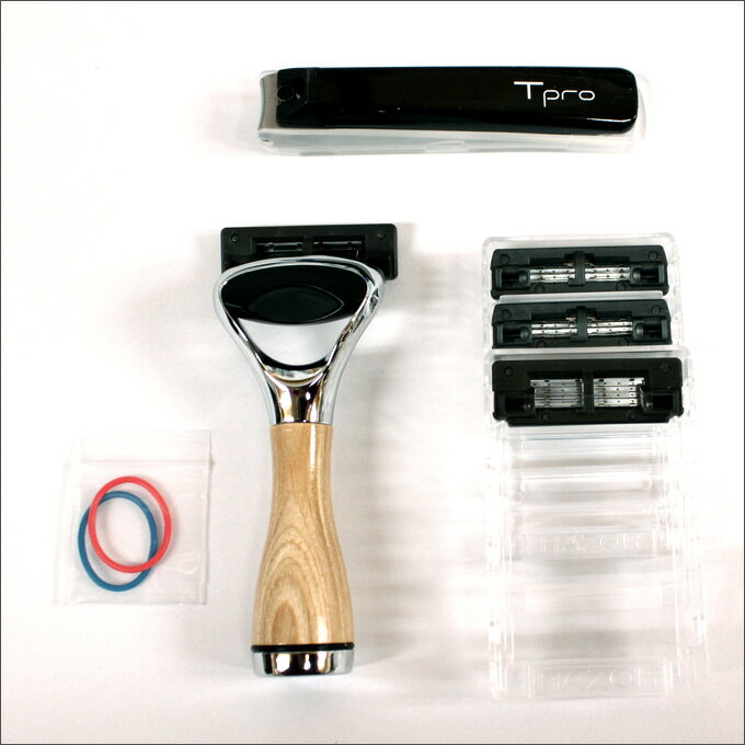 とぎ職人の部屋の送料無料！貝印 カイレザー キャプテン ティープロ トライアルセット化粧箱入り（T字剃刀・ホルダー・5枚刃替刃2枚・3枚刃替刃2枚・爪切り・マイリング3色）CAPTAIN Tpro【業務用 シェービング用レザー かみそり 剃刀 カミソリ 床屋】【CP】｜アングル3