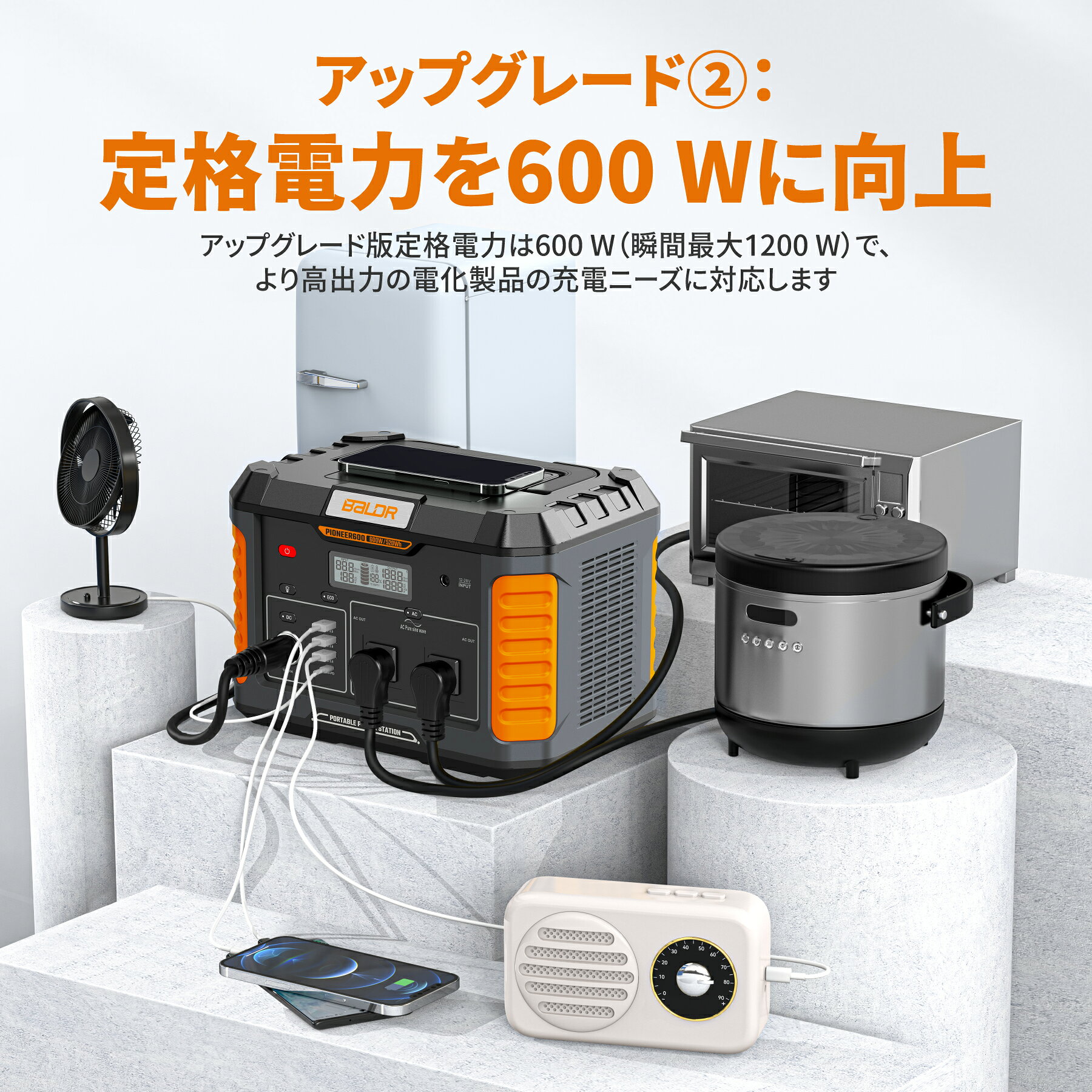 【公式販売店】BALDR ポータブル電源 大容量 蓄電池 600W/520Wh MPPT制御 家庭用 ポータブルバッテリー 小型 純正弦波 USB急速充電 PD3.0対応 パススルー充電対応 車中泊 防災電源 非常用 停電対策 キャンプ アウトドア 防災グッズ PSE認証 togopower-10000114 TOGO POWER サンプル画像3