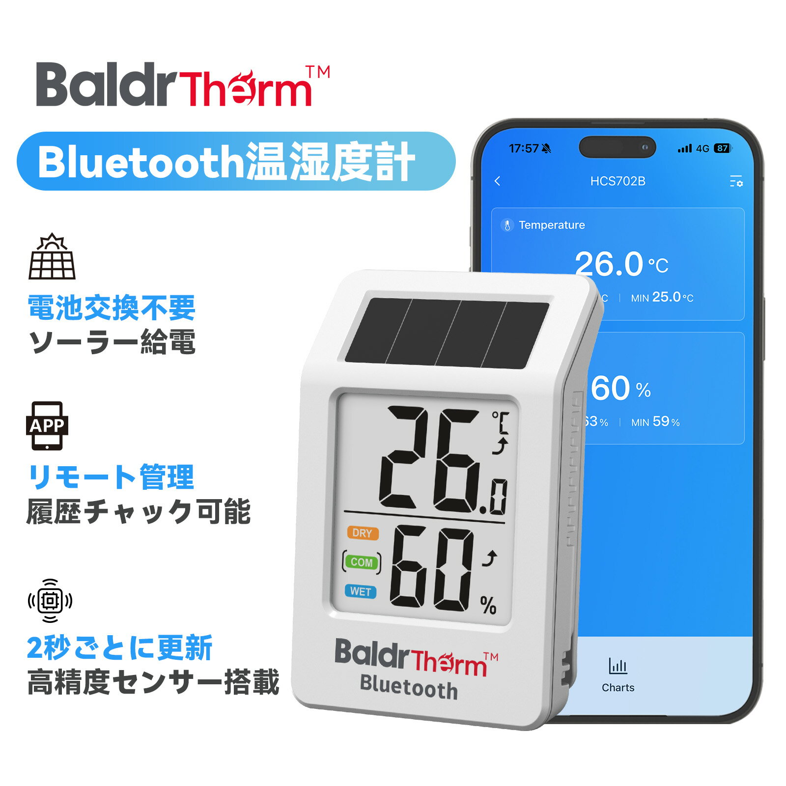 【新品発売!!期間限定価格で1,350円】BaldrTherm ソーラー温湿度計 デジタル温湿度計 Bluetooth温湿度計 省エネ スマート家電 湿度計 温度計 アプリ遠隔操作 快適度顔表示付 高精度 コンパクト 大文字 赤ちゃん 熱中症 インフルエンザ 風邪