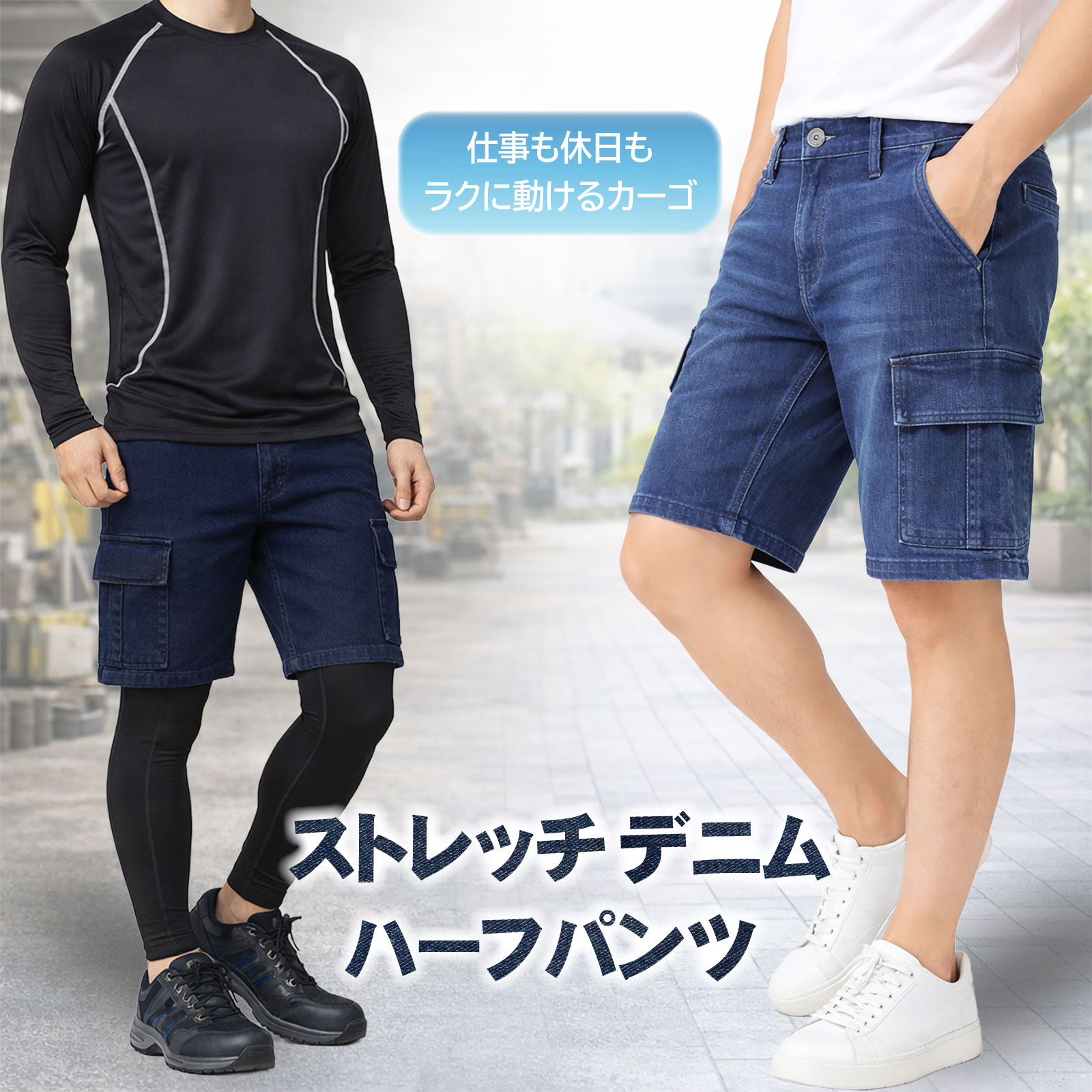 【5000円以上購入で300円OFF】 ストレッチデニム カーゴハーフパンツ 【公式・直販】メンズ ウエストゴム 調整紐付き M-3L ブルー インディゴブルー 作業服 作業着 カジュアル ペン差し付き 37650