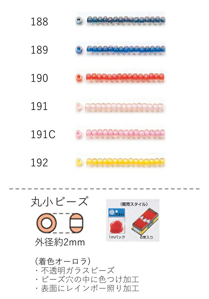 丸小ビーズ（着色オーロラ） 糸通し1mパック(約680粒) (NO.188 189 190 191 191C 192) 【トーホービー..