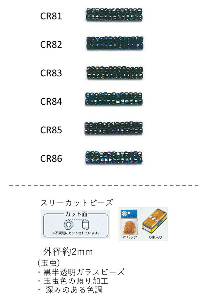 スリーカットビーズ ( 外形：2.0〜2.2mm)　玉虫　糸通し1mパック(約680粒) (NO.CR81 CR82 CR83 CR84 CR..
