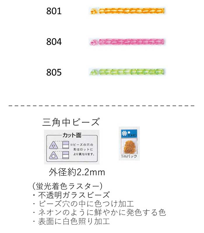 三角中ビーズ ( 2.2mm)　蛍光着色ラスター 糸通し1mパック(約500粒) (NO.801 804 805 )　【トーホービ..