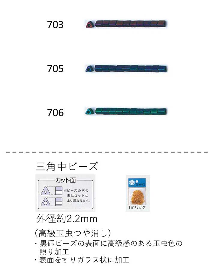 三角中ビーズ ( 2.2mm)　高級玉虫つや消し 糸通し1mパック(約500粒) (NO.703 705 706 )　【トーホービーズ公式：ファクトリー直送】 (TOHO グラスビーズ パーツ)