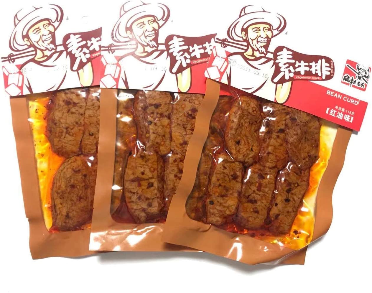 3点セット 豆腐加工品 扁担老頭 素牛排 紅油味（辛口） おやつ 間食 軽食 おつまみ 115g*3袋