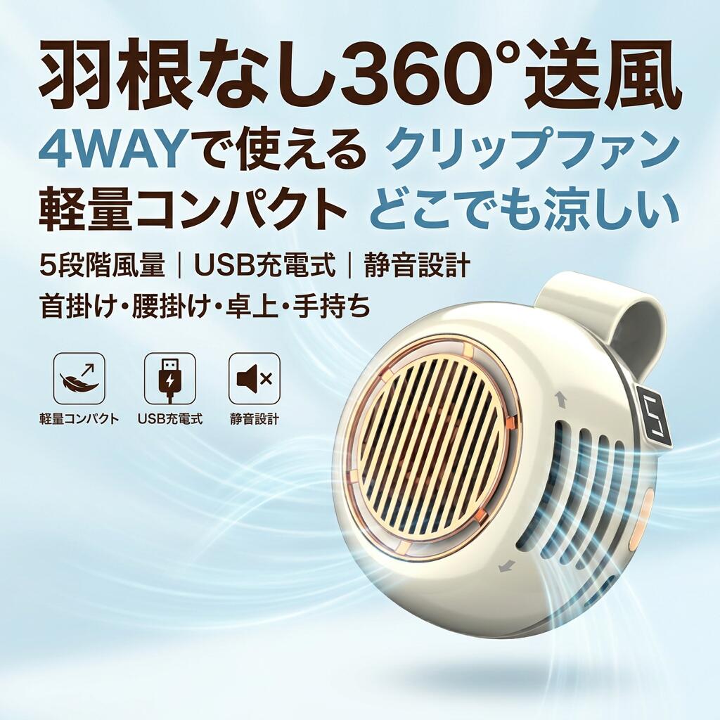 【羽根なし360°送風】クリップ式扇風機 4way クリップファン 携帯扇風機 ミニ扇風機 腰掛け 首掛け 卓上 手持ち 5段階風量 USB充電 軽量 低騒音 1000mAh 通勤 通学 旅行 アウトドア 作業用 ポイント消化 プレゼント ギフト 人気 おすすめ 新生活 母の日 父の日 誕生日