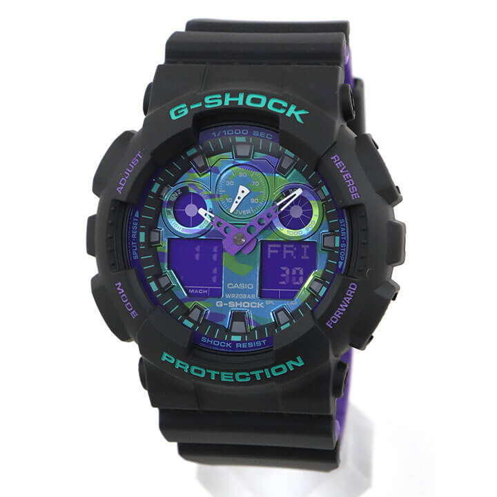 CASIO カシオ G-SHOCK Gショック ジーショック メンズ 腕時計 防水 アナログ ウレタン 黒 ブラック 紫 パープル 迷彩 カモフラージュ カモフラ GA-100BL-1A 海外モデル 息子 男子 中学生 高校生 誕生日プレゼント 男性 彼氏 旦那 夫 友達 ギフト