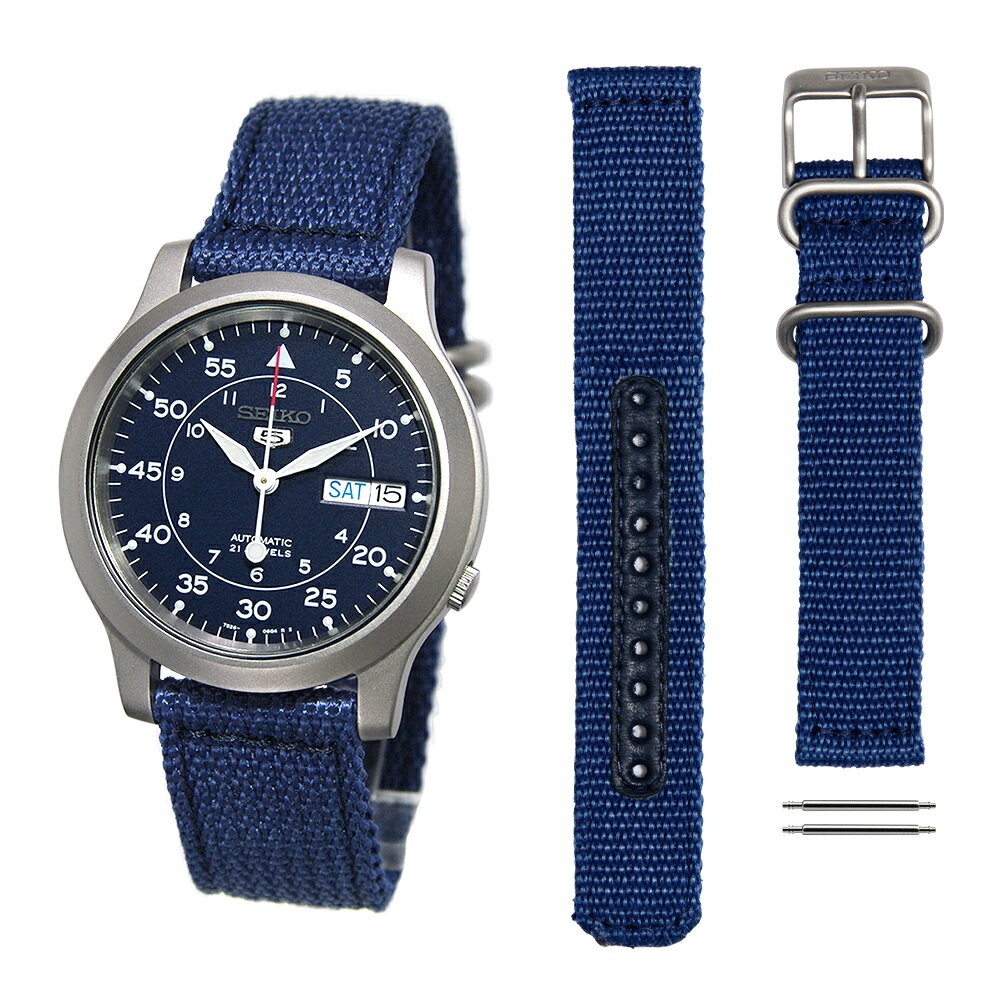 セイコーファイブ 腕時計（メンズ） [10年保証] [セット商品] [セイコーインポート] SEIKO 5 SNK807K2 セイコーファイブ ミリタリー ネイビー メッシュ ナイロンベルト と スペアベルト（4K12JZ） と ベルトピン2本 の3点セット