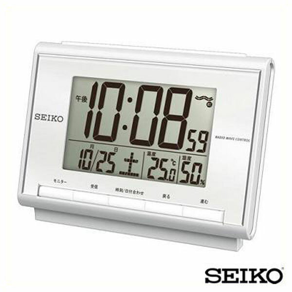 【お取り寄せ】SEIKO セイコークロック デジタル 目覚まし時計 電子音 ライト 日付 カレンダー 温度表示 湿度表示 白 ホワイト SQ698S 誕生日プレゼント