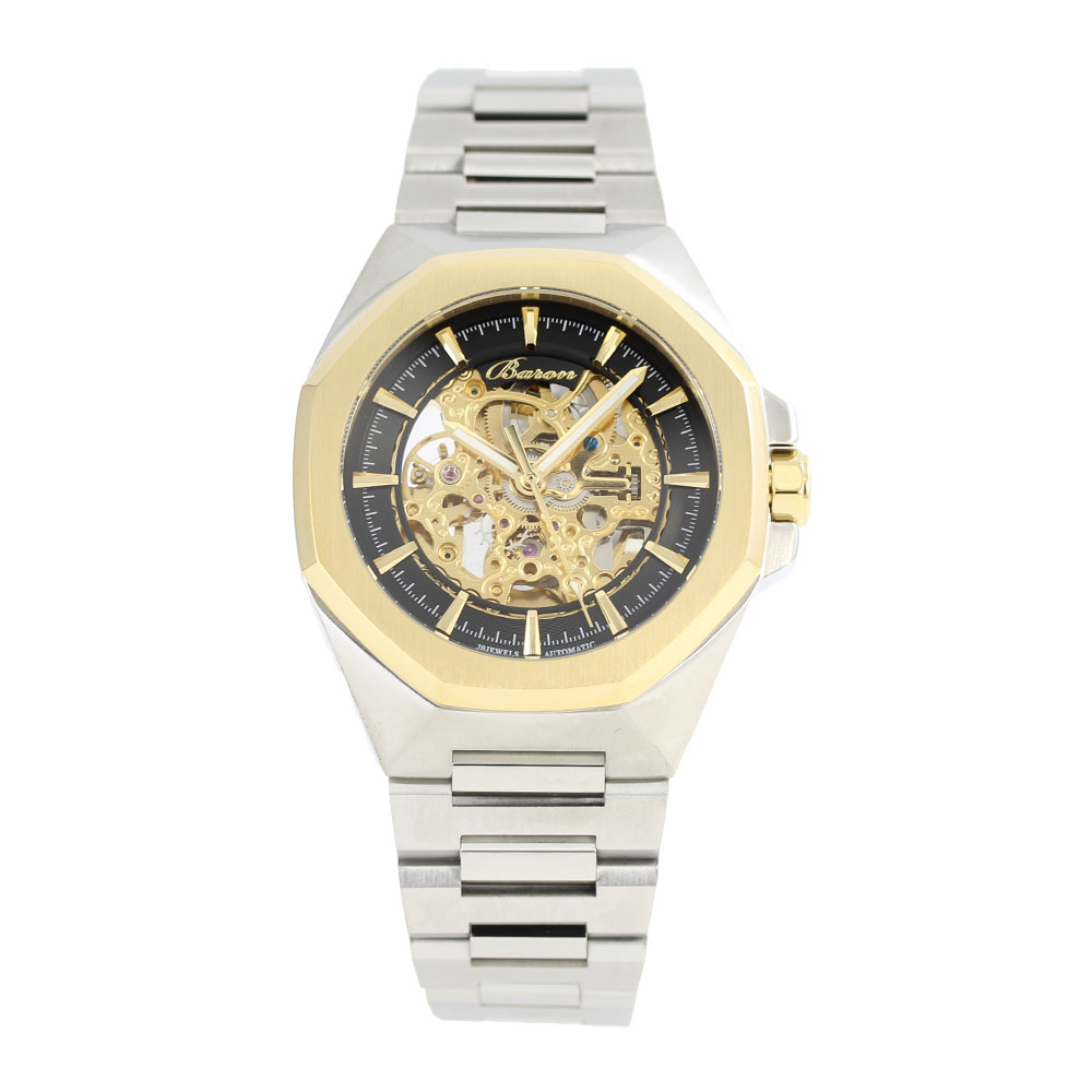 特徴 ムーブメント 自動巻き 防水 10気圧防水 サイズ 本体サイズ 縦×横×厚(ラグ・リューズ除く)：約47×42×13mm 重さ 約167g バンドサイズ 最小〜最大：約15〜20cm 素材 ケース素材 ステンレス ケースカラー シルバー 文字盤カラー ブラック/ゴールド バンド素材 ステンレス バンドカラー シルバー 付属品 マニュアル なし 商品ケース BARON製ボックス 保証書 弊社1年保証 備考 仕入情報 弊社輸入商品(新品並行輸入)BARONは男爵という意味を持つ。その名の通り、正統派デザインで場面を問わず使用できるデザインウォッチです。