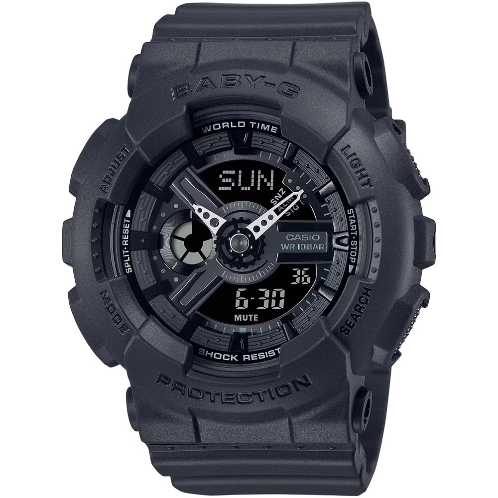 特徴 駆動方式 クオーツ 機能 ワールドタイム ストップウオッチ タイマー アラーム LEDライト（残照機能付き） ライトカラー/LED：アンバー フルオートカレンダー 操作音ON/OFF切替機能 精度/平均月差：±30秒 12/24時間制表示切替 防水 10気圧防水 サイズ 本体サイズ 縦×横×厚：約46.3×43.4×15.8mm 重さ 約45g バンドサイズ 最小〜最大：約12.5〜18cm 素材 風防素材 無機ガラス ケース素材 樹脂 ケースカラー ブラック ベゼルカラー ブラック 文字盤カラー ブラック バンド素材 樹脂 バンドカラー ブラック 備考 マニュアル 英語/日本語取り扱い説明書はCASIO公式サイトでご確認ください。 商品ケース Baby-G製ボックス 保証書 弊社1年保証 備考 仕入情報 弊社輸入商品(新品並行輸入)BABY-Gは、 G-SHOCKから生まれた、 タフでカラフルな腕時計。 ファッション、 カルチャー、 スポーツまで さまざまなシーンに 寄り添う、 毎日を自分らしく 楽しむ女の子から 愛されるウオッチです。