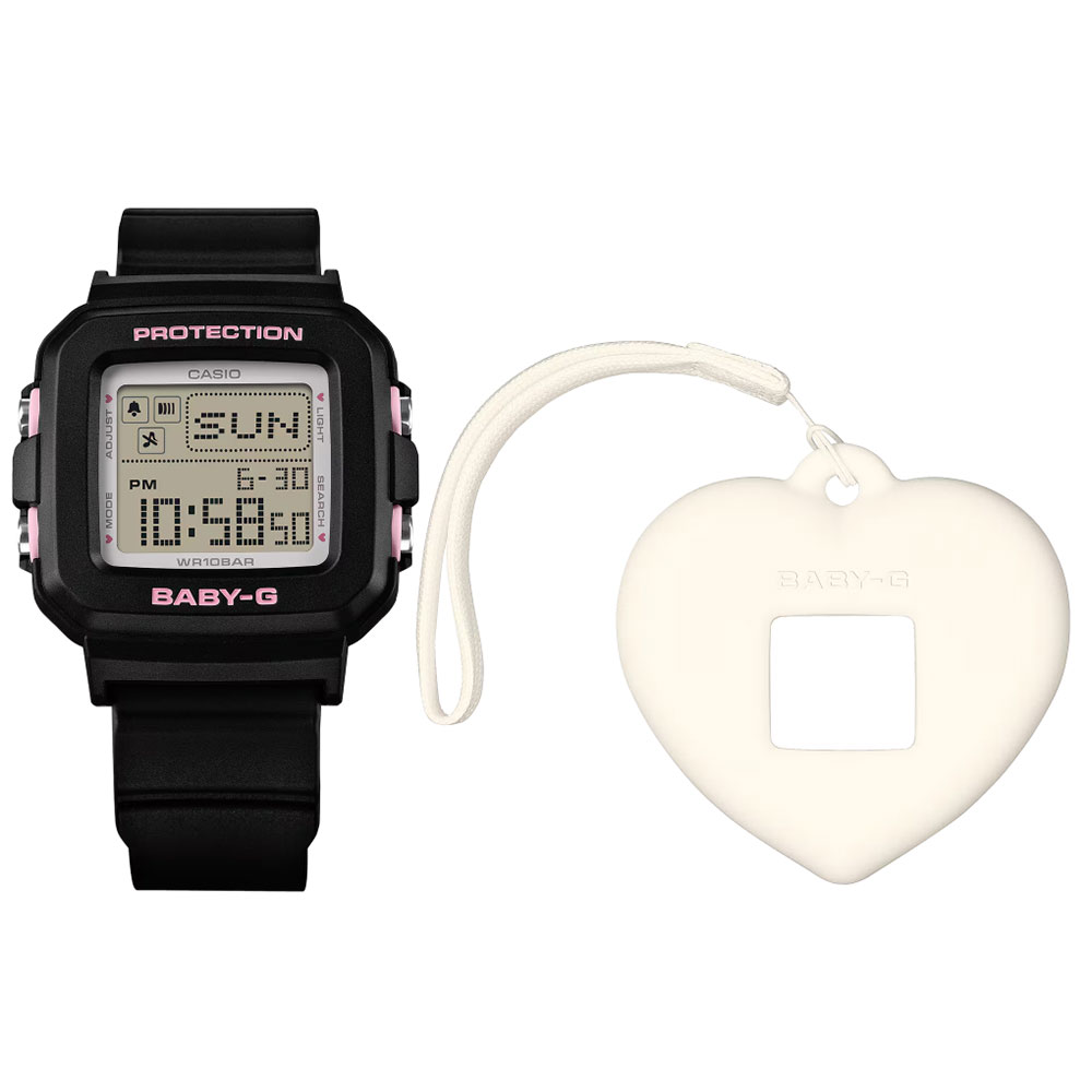 特徴 駆動方式 クオーツ 機能 ワールドタイム：世界30都市（29タイムゾーン）の時刻表示、サマータイム設定機能付き タイマー（セット単位：1分、最大セット：24時間、1秒単位で計測） LEDバックライト（スーパーイルミネーター、残照時間2秒、残照機能付き） ストップウオッチ（1/100秒、24時間計、スプリット付き） 時刻アラーム5本・時報 LED：ホワイト 平均月差：±30秒 防水 10気圧防水 サイズ 本体サイズ 縦×横×厚：約42.8×39×14.7mm 重さ 約33g バンドサイズ 最小〜最大：約12.5〜18cm 素材 風防素材 無機ガラス ケース素材 樹脂 ケースカラー ブラック ベゼルカラー ブラック 文字盤カラー 液晶 バンド素材 樹脂 バンドカラー ブラック 備考 マニュアル 日本語 商品ケース baby-g製ボックス 保証書 弊社1年保証 備考 仕入情報 弊社輸入商品(新品並行輸入)BABY-Gは、 G-SHOCKから生まれた、 タフでカラフルな腕時計。 ファッション、 カルチャー、 スポーツまで さまざまなシーンに 寄り添う、 毎日を自分らしく 楽しむ女の子から 愛されるウオッチです。