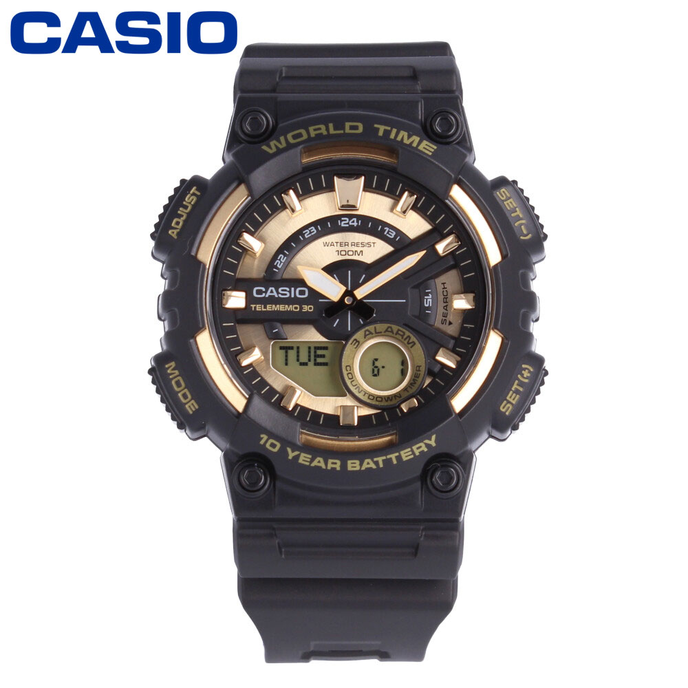 【SALE】CASIO カシオ カシオスタンダード腕時計 時計 メンズ 防水 クオーツ アナデジ ラバー ブラック ゴールドAEQ-110BW-9Aプレゼント ギフト 1年保証 送料無料