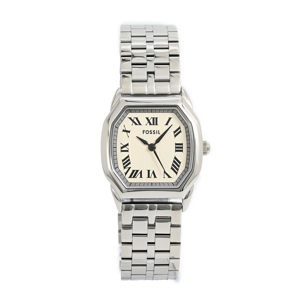 特徴 駆動方式 クオーツ 機能 防水 日常生活防水 サイズ 本体サイズ 縦×横×厚：約34×27×9mm 重さ 約74g バンドサイズ 最小〜最大：約12.5〜17.5cm 素材 風防素材 ミネラルガラス ケース素材 ステンレス ケースカラー シルバー ベゼルカラー シルバー 文字盤カラー クリーム バンド素材 ステンレス バンドカラー シルバー 備考 マニュアル 日本語・英語(全5カ国語) 商品ケース フォッシル製ボックス 保証書 弊社1年保証 備考 仕入情報 弊社輸入商品(新品並行輸入)Fossilは1984年に始まった、アメリカのウォッチとライフスタイルプロダクトのブランドです。 オーセンティックなヴィンテージクラシックデザインをルーツに、古くから続くベストなものを現代にアップデートしながら、 ハイクオリティなウォッチ、バッグ、レザーグッズを生み出しています。 ミッドセンチュリーのクリーンなかたちをモダンに仕上げたルックがFossilの代表的デザインです。 ポータビリティを備えた流線型デザインが特徴のバッグ、フレッシュな色調と素材感を用いたウォッチ、タイムレスなアクセサリーなど、旅心をくすぐる商品が揃います。