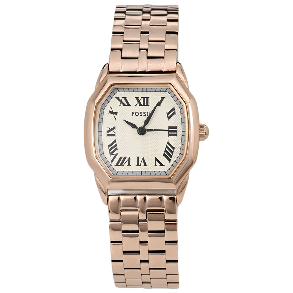 特徴 駆動方式 クオーツ 機能 防水 日常生活防水 サイズ 本体サイズ 縦×横×厚：約33.8×26.7×8.4mm 重さ 約75g バンドサイズ 最小〜最大：約13〜17cm 素材 風防素材 ミネラルガラス ケース素材 ステンレス ケースカラー ローズゴールド ベゼルカラー ローズゴールド 文字盤カラー ホワイト バンド素材 ステンレス バンドカラー ローズゴールド 備考 マニュアル 日本語・英語その他11か国語 商品ケース FOSSIL製ボックス 保証書 弊社1年保証 備考 仕入情報 弊社輸入商品(新品並行輸入)Fossilは1984年に始まった、アメリカのウォッチとライフスタイルプロダクトのブランドです。 オーセンティックなヴィンテージクラシックデザインをルーツに、古くから続くベストなものを現代にアップデートしながら、 ハイクオリティなウォッチ、バッグ、レザーグッズを生み出しています。 ミッドセンチュリーのクリーンなかたちをモダンに仕上げたルックがFossilの代表的デザインです。 ポータビリティを備えた流線型デザインが特徴のバッグ、フレッシュな色調と素材感を用いたウォッチ、タイムレスなアクセサリーなど、旅心をくすぐる商品が揃います。
