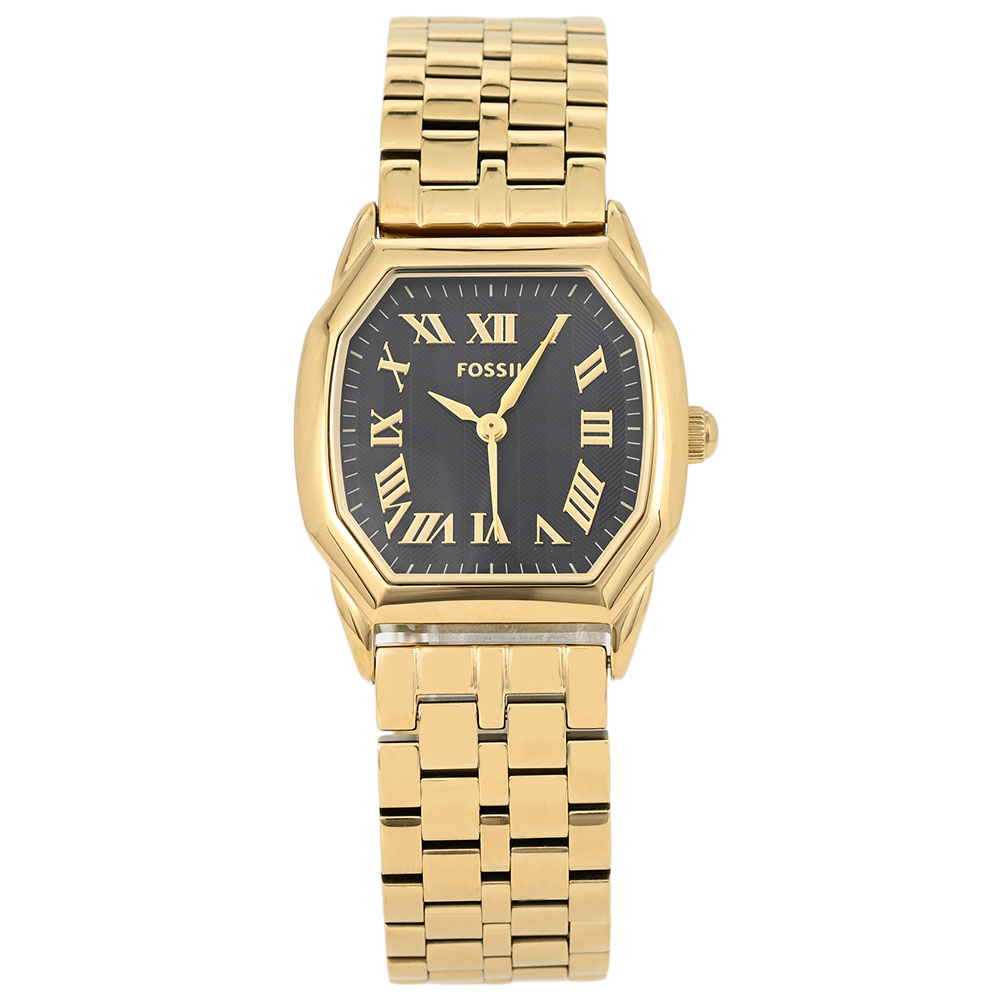 特徴 駆動方式 クオーツ 機能 防水 日常生活防水 サイズ 本体サイズ 縦×横×厚：約33.9×27.2×8.2mm 重さ 約75.5g バンドサイズ 最小〜最大：約13.5〜17.5cm 素材 風防素材 ミネラルガラス ケース素材 ステンレス ケースカラー ゴールド ベゼルカラー ゴールド 文字盤カラー ブラック バンド素材 ステンレス バンドカラー ゴールド 備考 マニュアル 日本語・英語その他11か国語 商品ケース FOSSIL製ボックス 保証書 弊社1年保証 備考 仕入情報 弊社輸入商品(新品並行輸入)Fossilは1984年に始まった、アメリカのウォッチとライフスタイルプロダクトのブランドです。 オーセンティックなヴィンテージクラシックデザインをルーツに、古くから続くベストなものを現代にアップデートしながら、 ハイクオリティなウォッチ、バッグ、レザーグッズを生み出しています。 ミッドセンチュリーのクリーンなかたちをモダンに仕上げたルックがFossilの代表的デザインです。 ポータビリティを備えた流線型デザインが特徴のバッグ、フレッシュな色調と素材感を用いたウォッチ、タイムレスなアクセサリーなど、旅心をくすぐる商品が揃います。