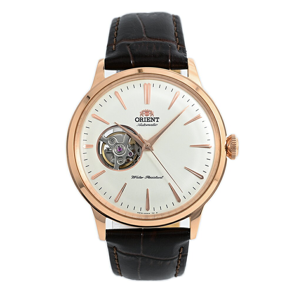特徴 ムーブメント 自動巻き 防水 5気圧防水 サイズ 本体サイズ 縦×横×厚(ラグ・リューズ除く)：約40×40×12mm 重さ 約55.5g バンドサイズ 最小〜最大：約14〜19cm 素材 ケース素材 ステンレス ケースカラー ローズゴールド 文字盤カラー シルバー バンド素材 レザー バンドカラー ダークブラウン 付属品 マニュアル 日本語・英語 商品ケース オリエント製ボックス 保証書 弊社1年保証 備考 仕入情報 弊社輸入商品(新品並行輸入)■ボックスガラス、ボンベ文字板を用いたクラシックなセミスケルトン。スタイリッシュなバーインデックスが、クラシックすぎずモダンな雰囲気を演出しています。9時位置のセミスケルトンがポイント。手巻き機能付き、シースルーケースバック。 (C)tokia