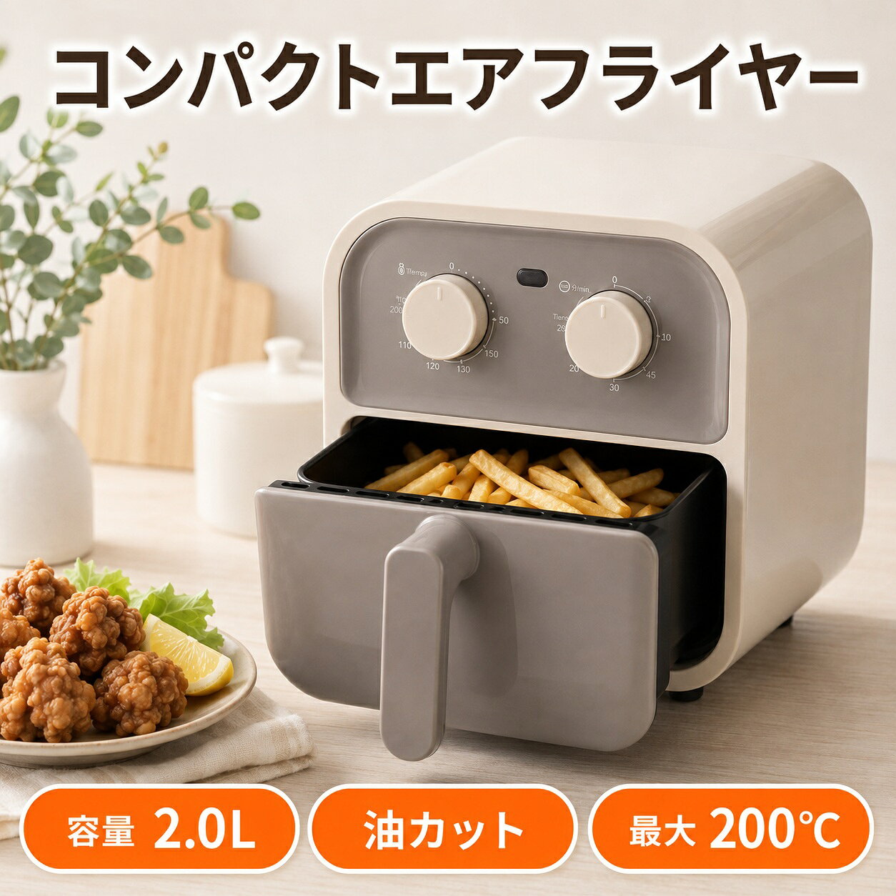 エアフライヤー ノンフライヤー 2L 家庭用 電気フライヤー 揚げ物 油を使わない ヘルシー 温め直し 惣菜 ポテト 冷凍食品 ダイエット 卓上 コンパクト フライヤー バスケット 時短 調理家電 1年保証
