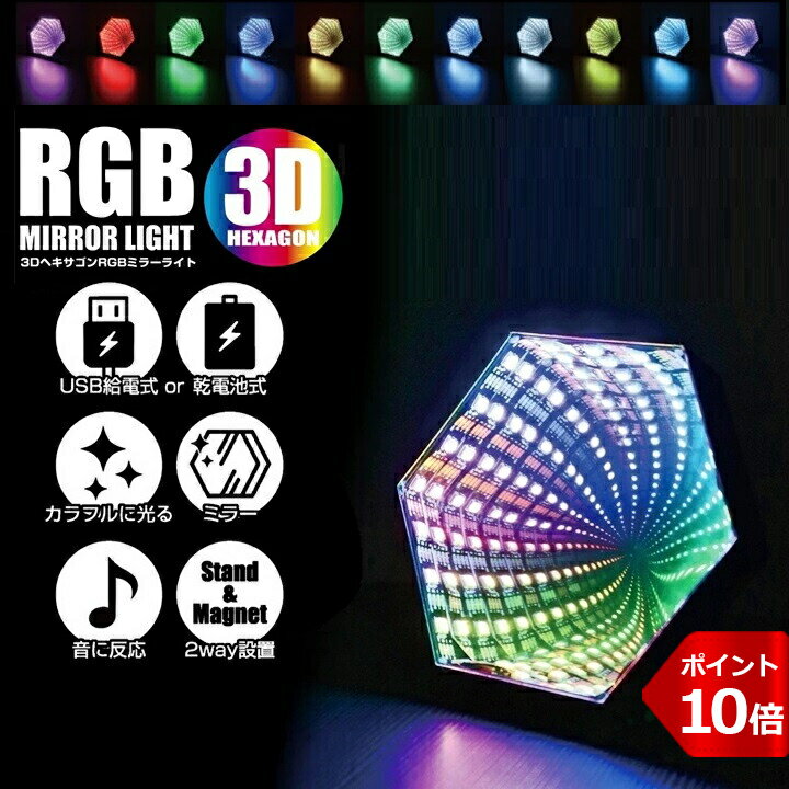 ★P10倍半額以下★ ルームライト 3D ヘキサゴン ミラー ライト 照明 間接照明 おしゃれ レインボー