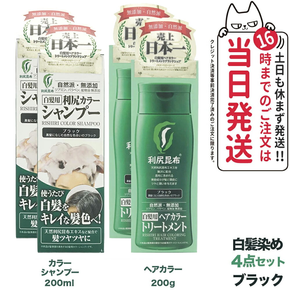 【4点セット】ピュール 利尻昆布 利尻カラーシャンプー ブラック 200ml×2 + ヘアカラートリートメント ブラック 200g×2　無添加　白髪..