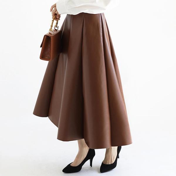 レディース ボトムス スカート フェイクレザー ミモレ丈 フレア ハイウエスト ロングスカート Aライン 韓国 オフィスカジュアル 通勤