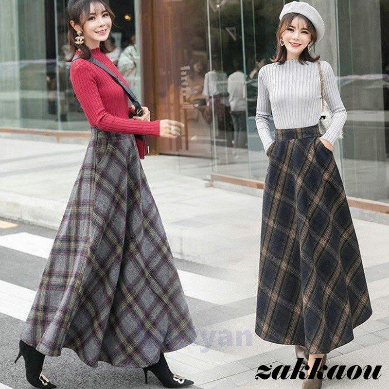 スカート チェック柄 レディース ボトムス フレアスカート Aライン ロングスカート 秋 冬 ロング丈 ウール混スカート 体型カバー おしゃれ 大きいサイズ 30代