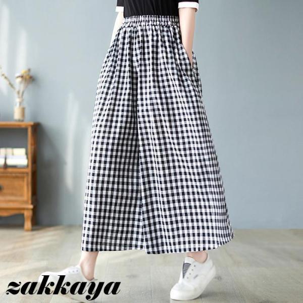 レディース ギンガム チェック柄 ワイド ガウチョ パンツ ズボン ボトムス ロング 丈 黒 白 free 綿麻 着心地 ゆったり ウエストゴム ポケット付き