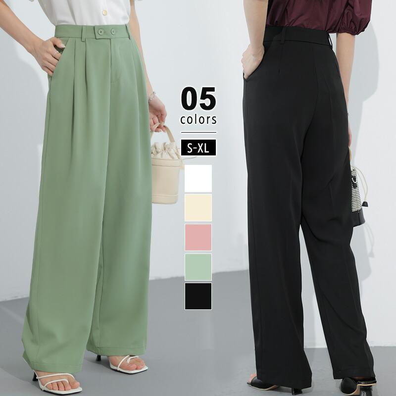 スラックス セミワイドパンツ ダブルボタン ハイウエスト ボトムス レディース ズボン ワイドパンツ おしゃれ 無地 大人 上品 オフィス カジュアル 通勤 通学